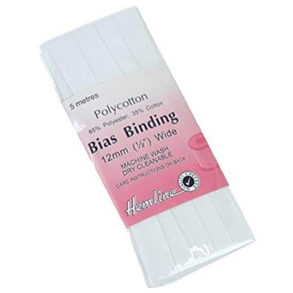 Hemline Bias Binding: Polycotton White 5m x 12mm