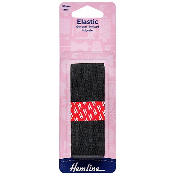Hemline General Purpose Knitted Elastic Black 1m x 32mm
