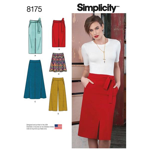 Simplicity 8175 Sewing Pattern Misses' Slim and Flared Skirts, Cropped Trousers, and Tie Belt